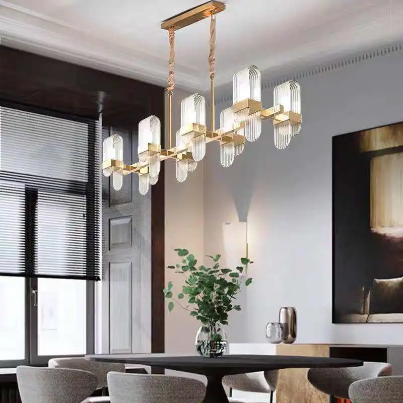 Candelabro rectangular de 6 luces, lámpara colgante de metal dorado para comedor y sala de estar