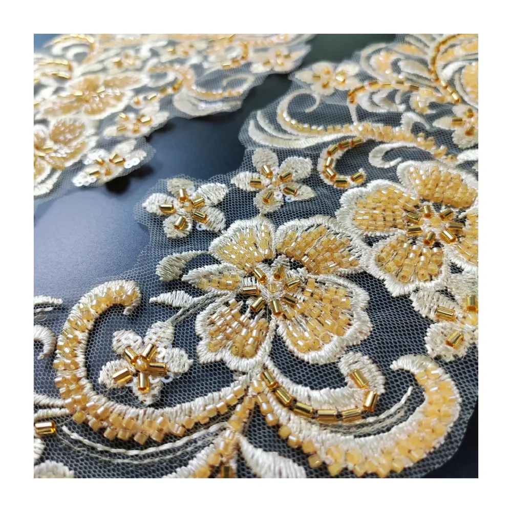 Embroidered 3D Flowers Lace Appliques with Beads and Sequins sewing on decorative lace for Wedding Dresses Show Clothing CA028