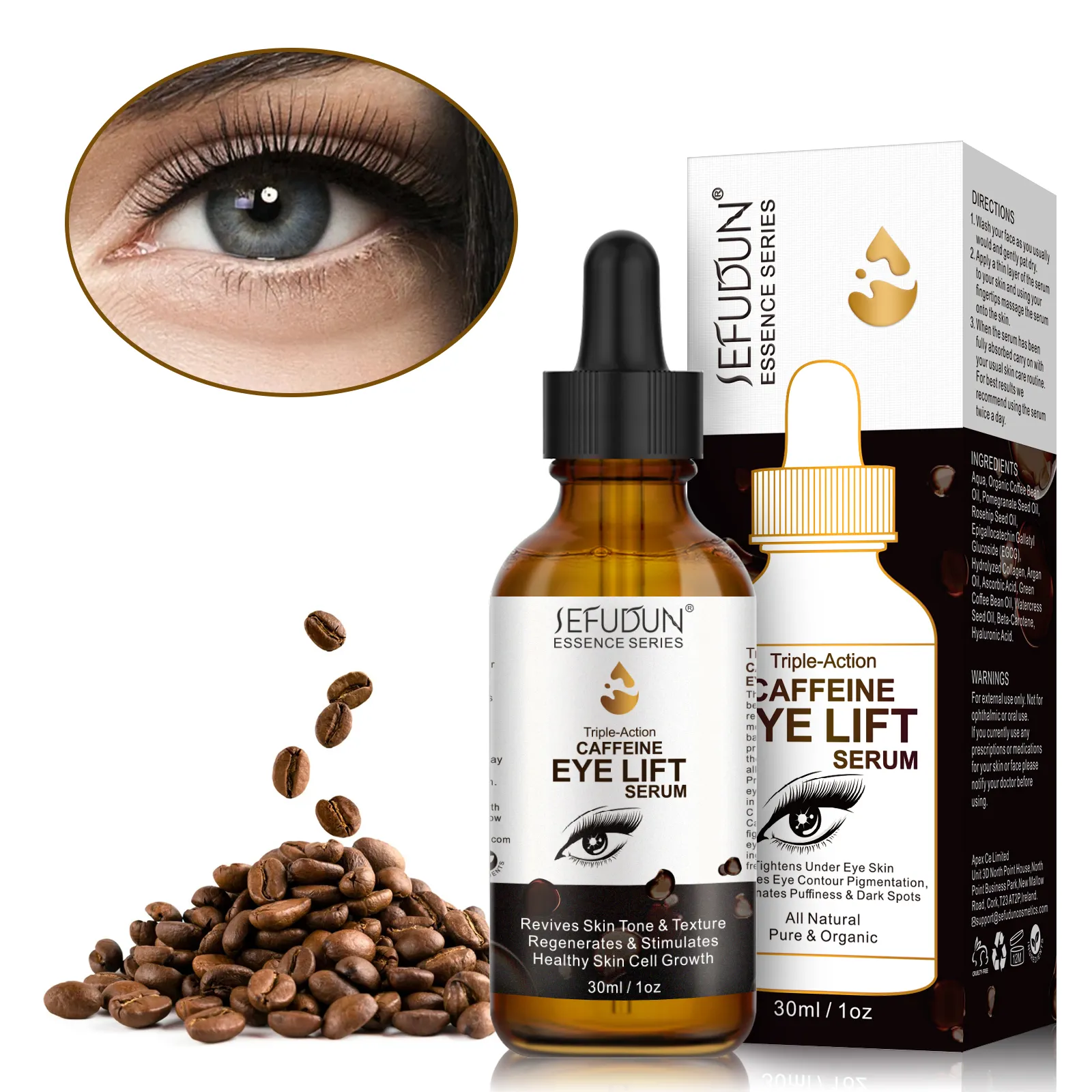 SEFUDUN 30ml Cafeína Orgânica Natural Eye Lift Soro Private Label Anti Envelhecimento Anti Rugas Reduzir Círculos Escuros Olho Soro