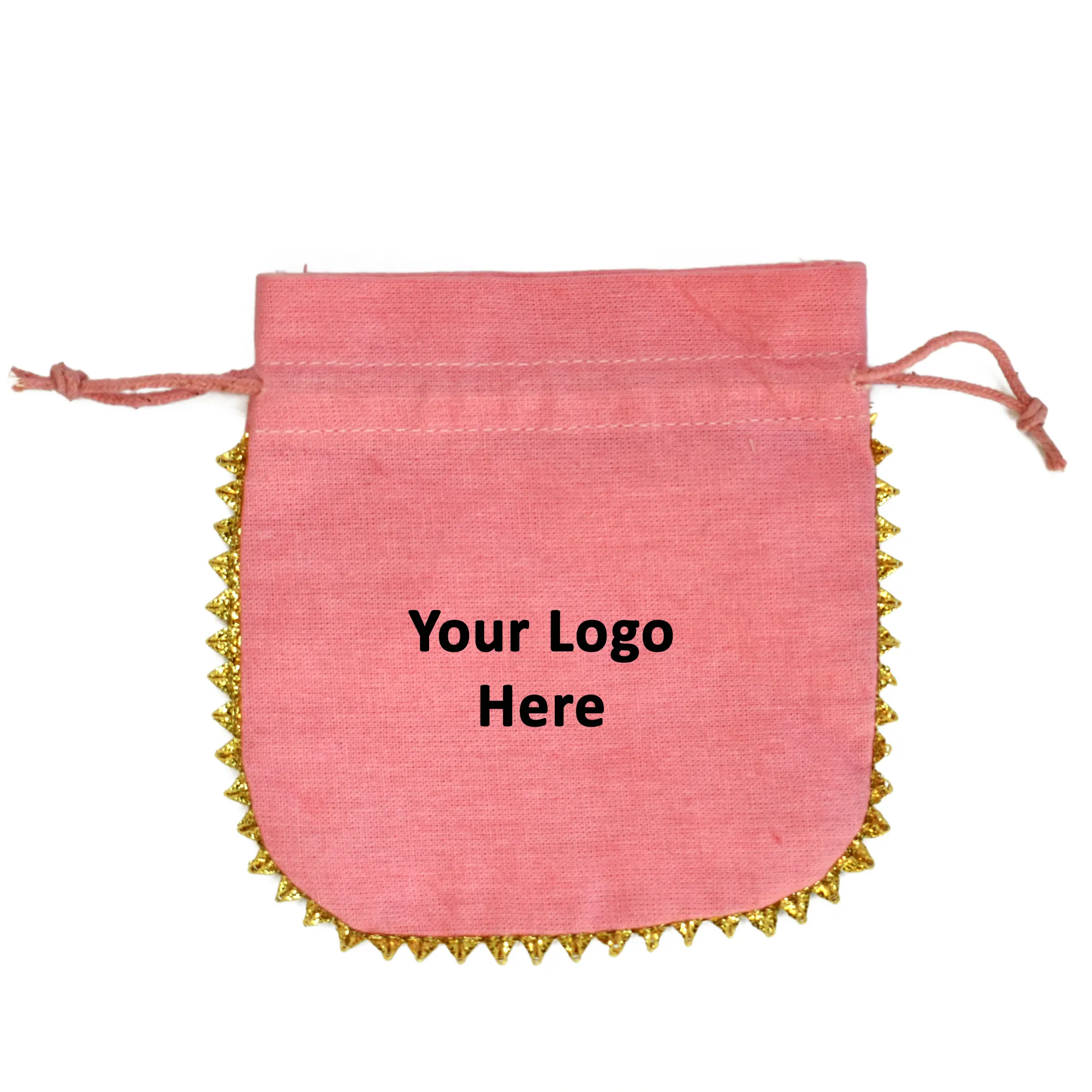 Customize Logo Drawstring Bag Cotton Jewelry Packaging Pouch Indian Handmade Light Pink Wedding Favor Organic Bag Wholesale