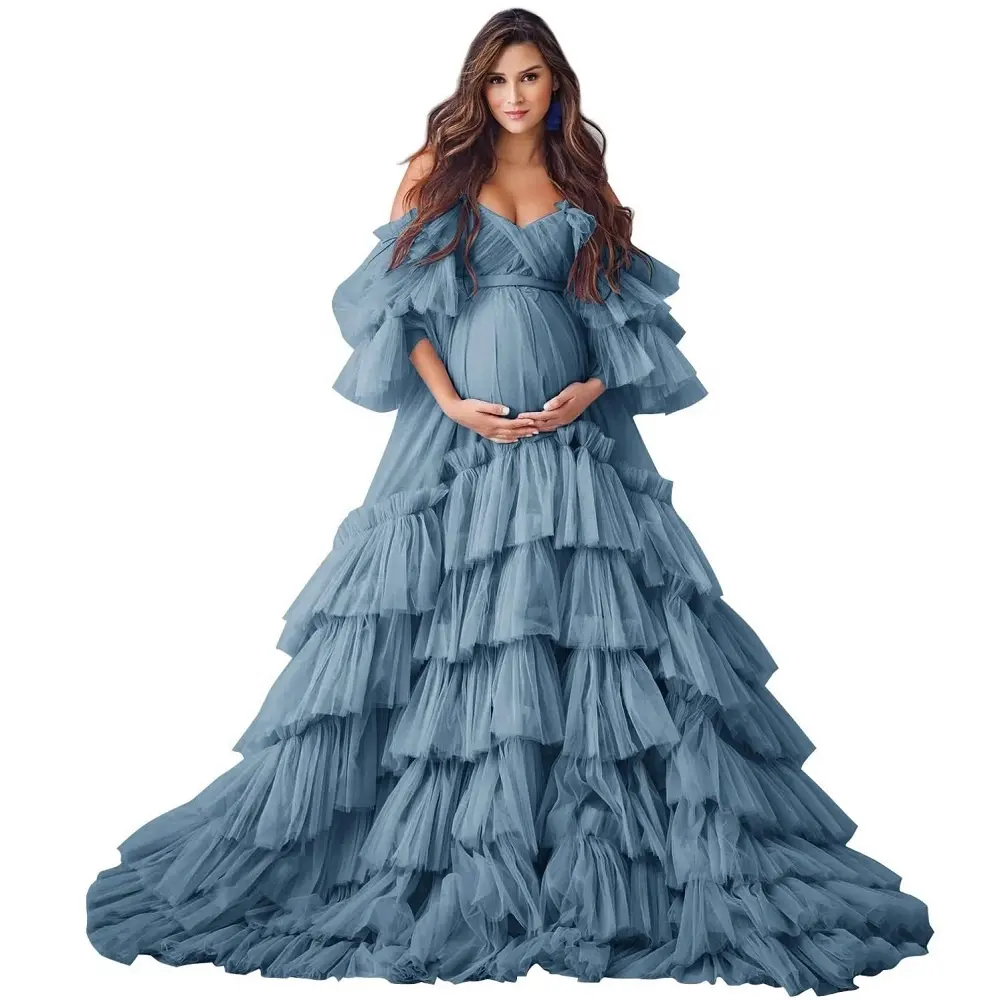 Vêtements de maternité Empire bleu poussiéreux robe de bal à plusieurs niveaux Tulle femmes enceintes robes de photographie grande taille robes de soirée formelles