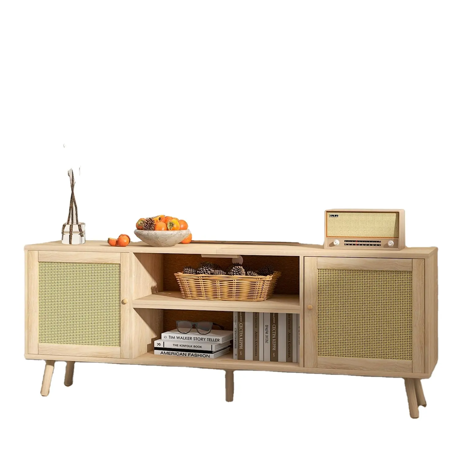 Soporte moderno de TV de madera decorado con ratán para consola de TV de 75 pulgadas con almacenamiento ajustable, mueble de TV para sala de estar