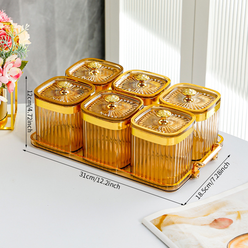 Amber Square Jar with 6 Compartments - T-shaped Gold Handle