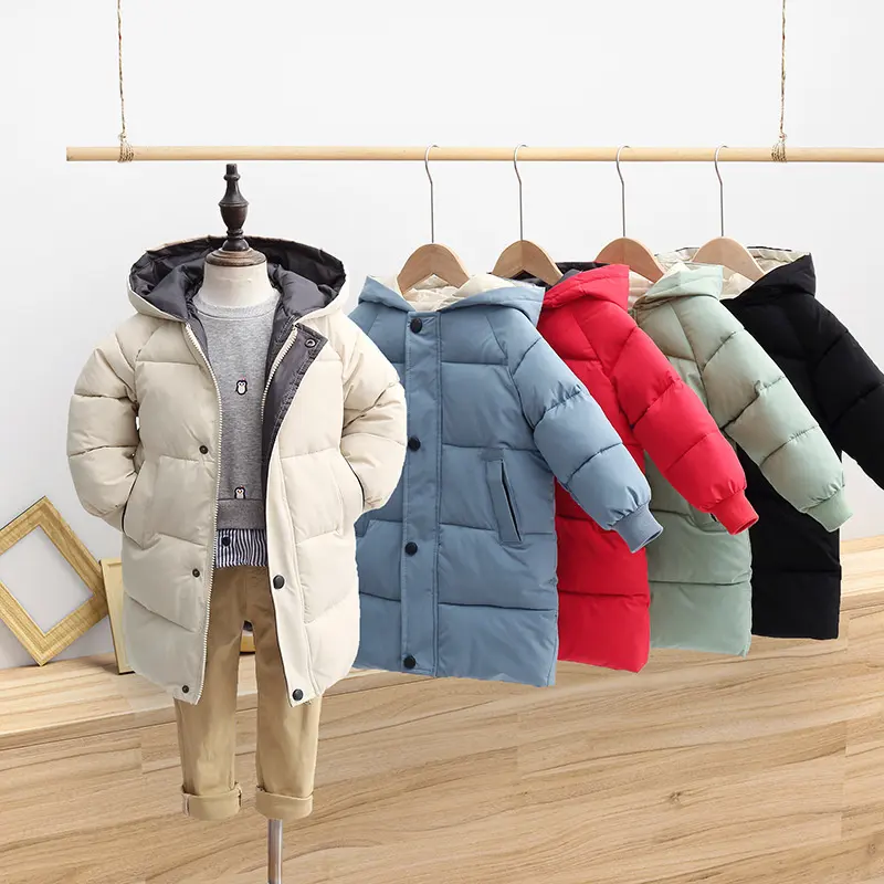 2022 Hot Sales Plain Farbe Kinder Jungen Mädchen Baumwolle gepolsterte Parka-Mäntel mit Kapuzen pullis Verdicken Warme lange Kinder Winter jacke