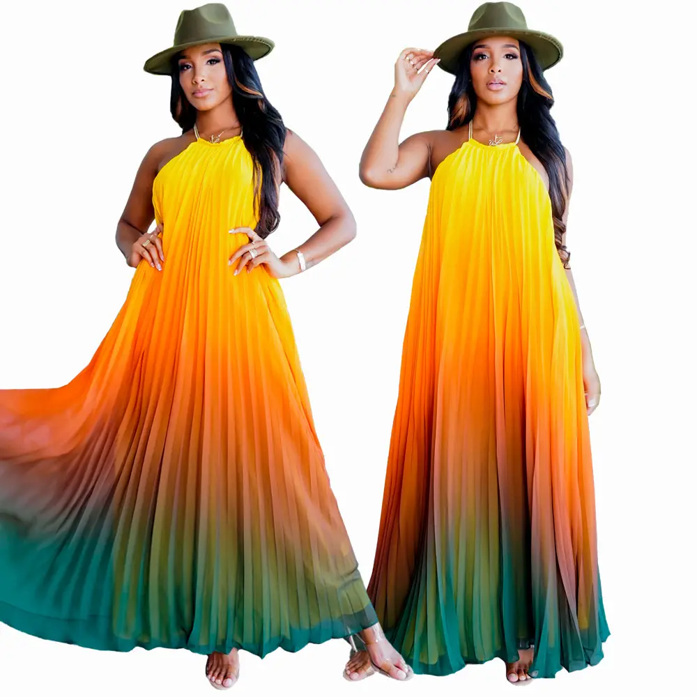 S-2XL ผู้หญิงฤดูร้อนเสื้อผ้าแอฟริกันชุดHalterแขนกุดGradientพิมพ์Beach HolidayชุดยาวMaxi Dress