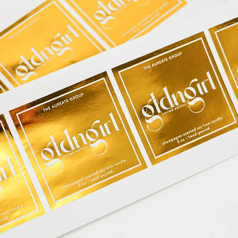 Logo di carta autoadesiva personalizzato con lamina d'oro lucida e abbronzante in vinile adesivi impermeabili rotolo di etichetta per bottiglia di barattolo di candela