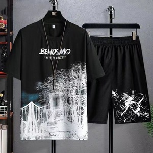 Erkek yazlık T-shirt takım rahat ince baskı spor Jogger kısa kollu üst şort 2 parça abd erkekler bir kıyafet spor 2 adet Set