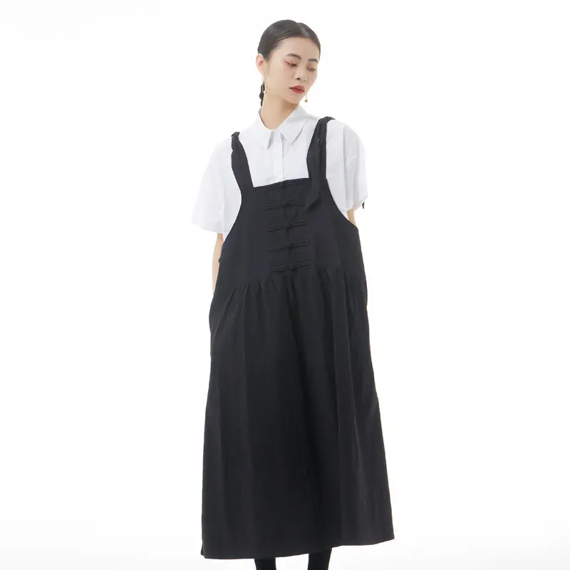 Falda de tirantes de estilo oscuro coreano, novedad de verano 2023, vestido de longitud media de manga corta informal holgado con cuello vuelto para mujer de talla grande