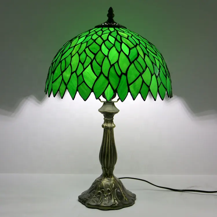 LongHuiJing 12Inch Green Leaf Stained Glass Lampshade Desk Lights Tiffany Style Table Lamps with zinc alloy base