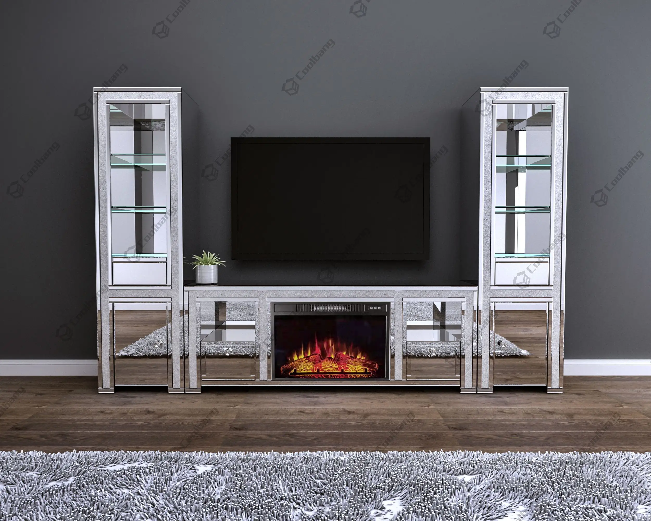 Coolbang-moderno soporte de TV con espejo de diamante aplastado, para sala de estar, con chimenea electrónica y luz, novedad