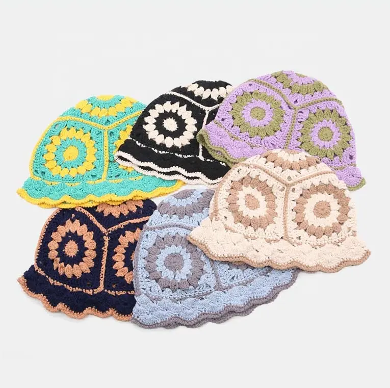 Macio Handmade Floral Crochet Flor unisex cabo malha Chapéu de pescador Inverno malha crochet Bucket Hat para as mulheres