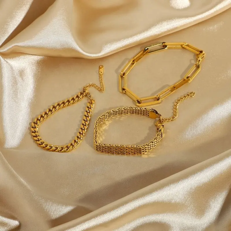 Pulsera Retro de eslabones cubanos de acero inoxidable, cadena dorada de 18K gruesa