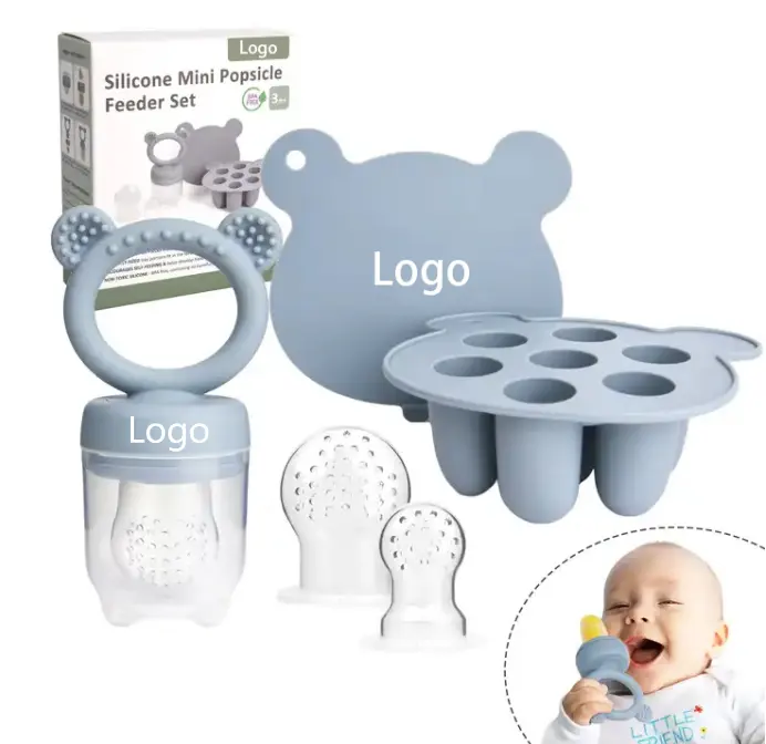 New Design Bear Silicone Baby Fruit Food Feeder With Freezer Pods Feeder Fruit Pacifier With Silicone Freezing Tray with Lid Set