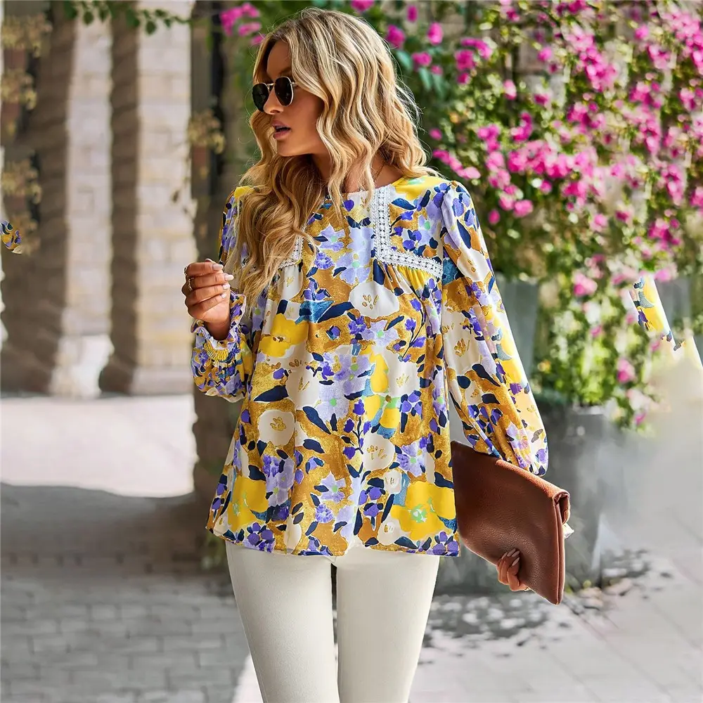Camisas femininas casuais com estampa floral, blusas femininas, blusas de design mais recente