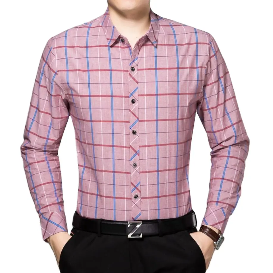 Camisa clásica de algodón puro para hombre, camisa de manga larga a cuadros de alta calidad