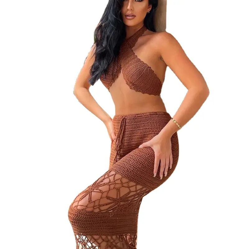 Kadın tığ Bikini Cover up kırpılmış üst el yapımı Beachwear uzun tığ etek