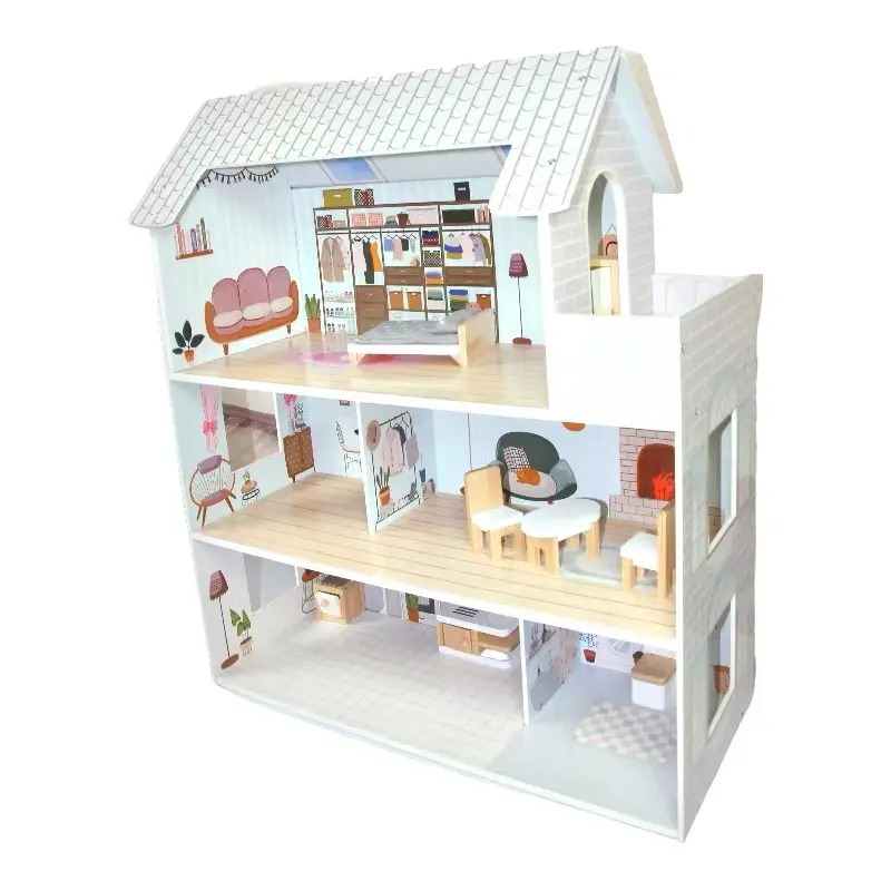 Casa de bonecas de parede externa, conjunto de brinquedos de simulação, mini casa de bonecas de madeira, mobília de brinquedo