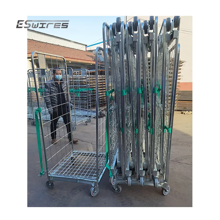 Hot sale warehouse storage collapsible wire mesh nestable roll foldable cage trolley with shelves