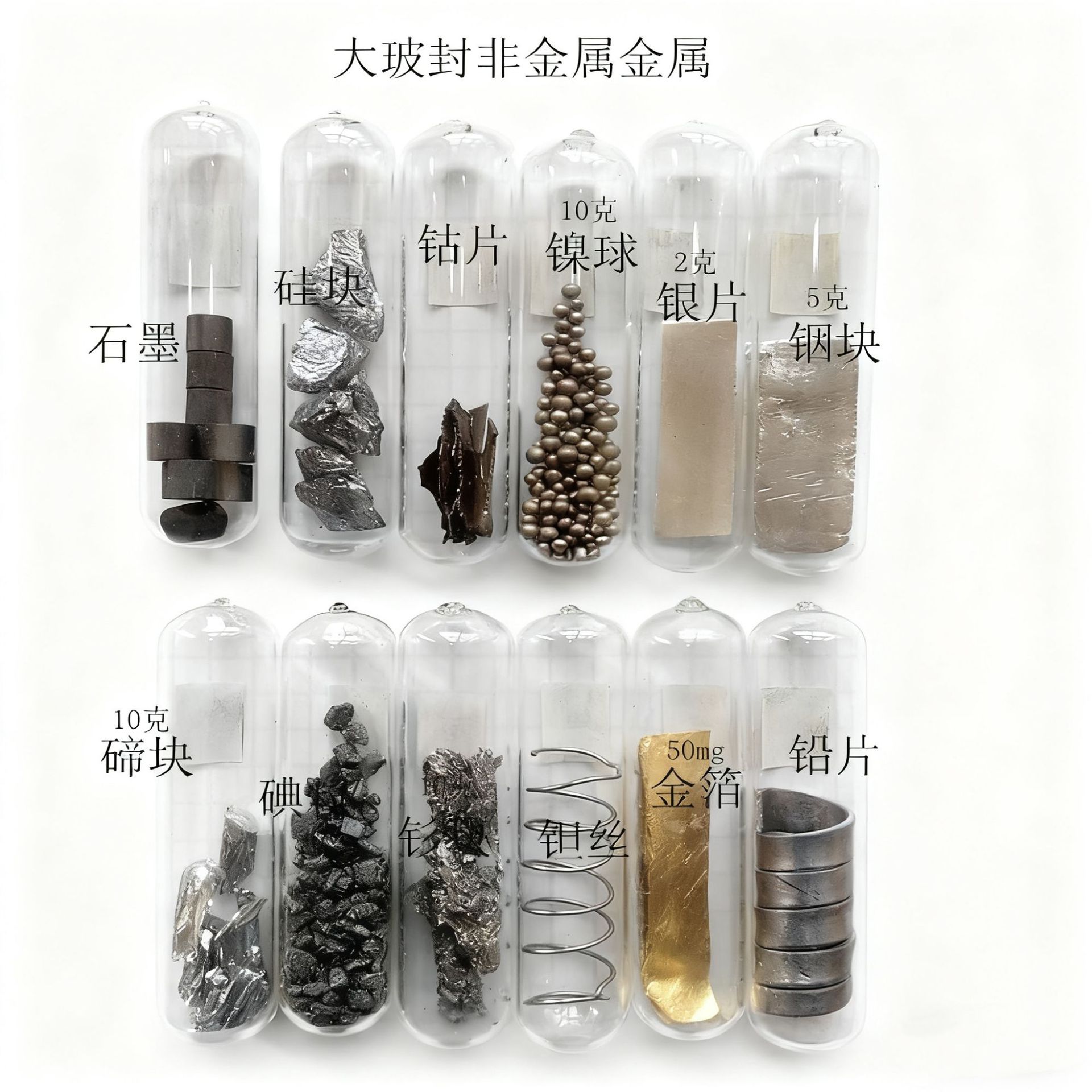 Grand ensemble de 12 pièces de substances chimiques élémentaires scellées dans un verre