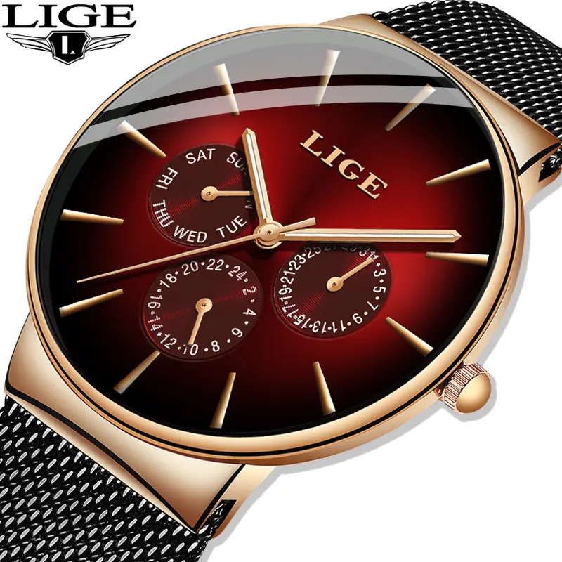 LIGE LG9936 nuovo design orologio al quarzo da uomo rosso originale cinturino in acciaio inossidabile 3 quadranti cronografo settimana design orologio Casual