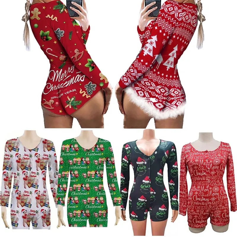 DFG Baju Tidur Desainer Kustom, Piyama Onesie Natal Liburan, Celana Pendek Wanita Pola Kartun Wap Onsie Polos Dicelup