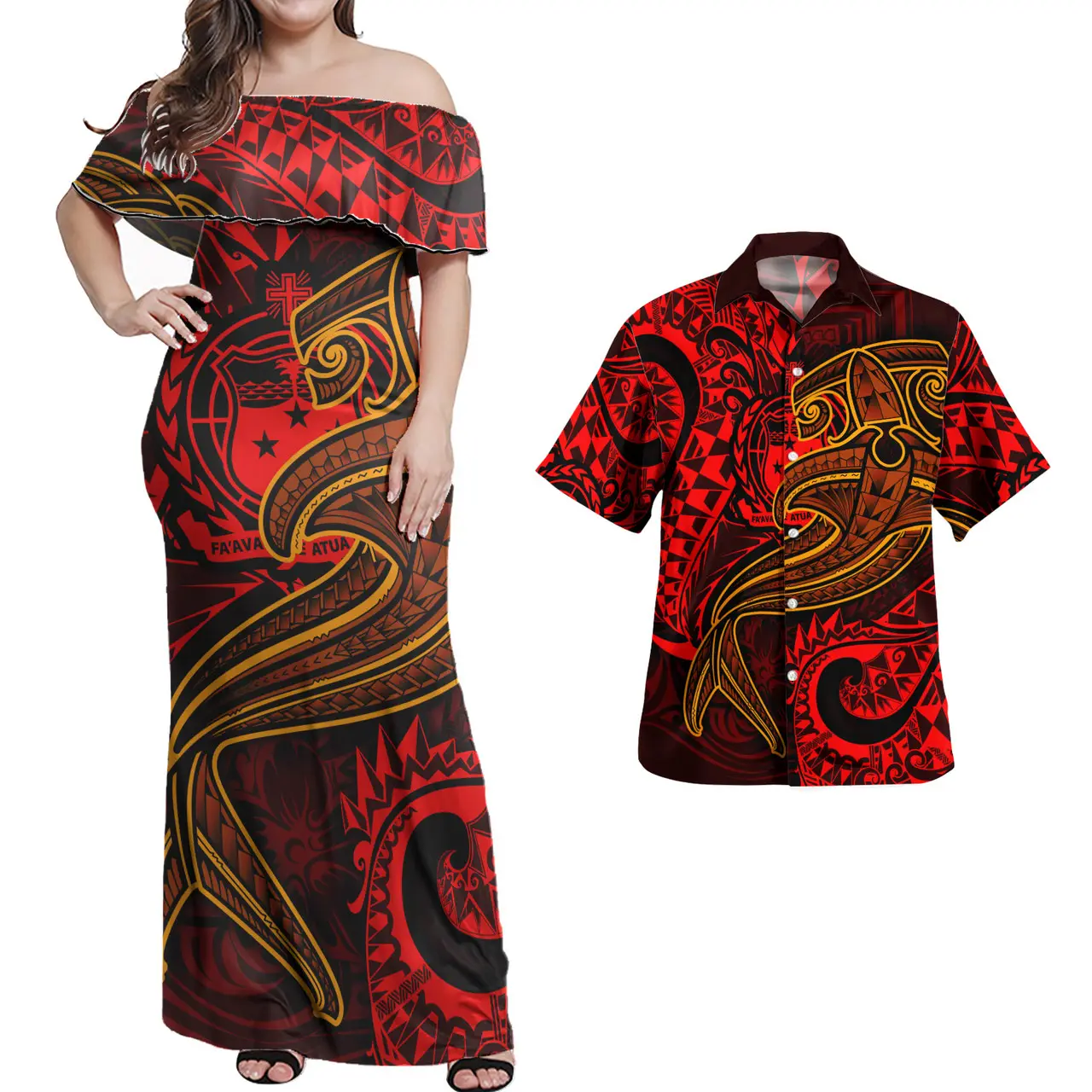 Vestido combinado de tiburón rojo polinesio Samoa y camisa hawaiana, vestidos largos para mujer, venta al por mayor, camisas personalizadas de verano para hombre, conjunto de vestido para mujer
