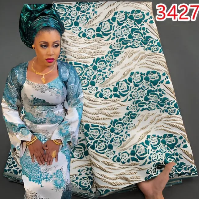 Tissu de dentelle africaine 2023 Nouveau Design Tissu de dentelle de brocart jacquard doré français pour les femmes Robes de soirée élégantes 3427