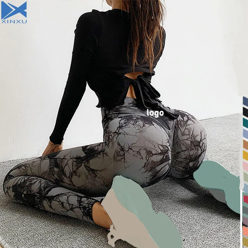 XINXU pantaloni Yoga personalizzati per il sollevamento dei glutei solidi Gym Tie Dye Sport allenamento Yoga Leggings senza soluzione di continuità