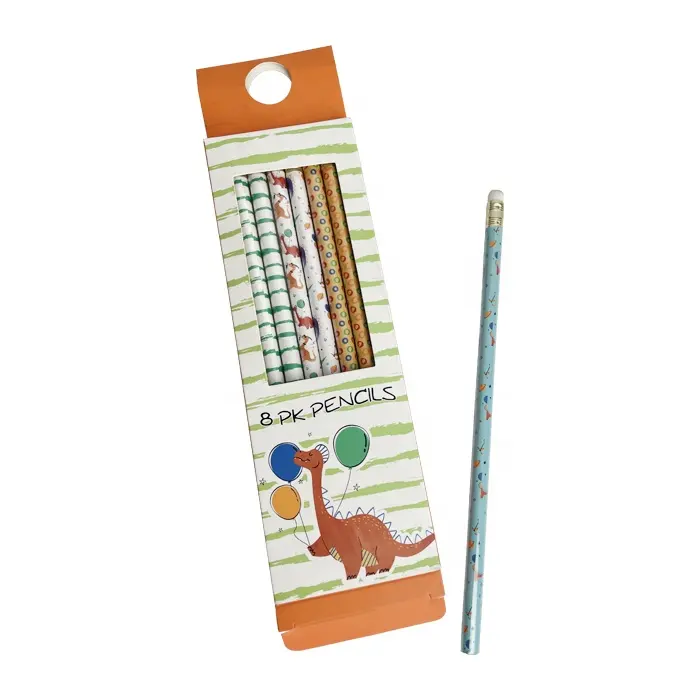 Design personnalisé imprimé dinosaure de dessin animé mignon papeterie cadeau 8pk bois standard crayon ensemble pour enfants avec gomme toppers