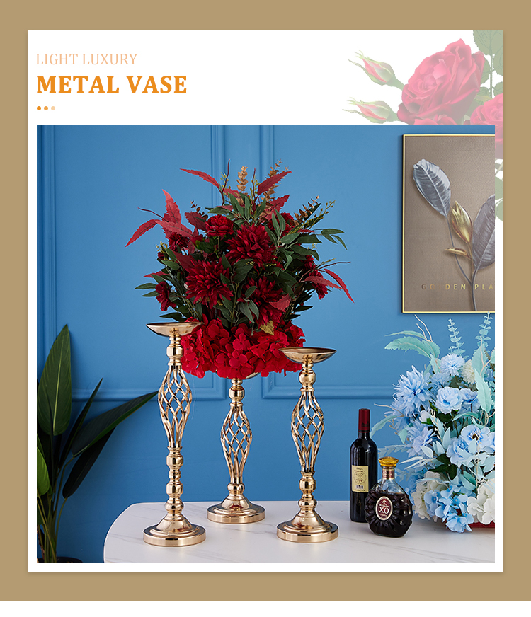 Luxury Rose Gold Electroplate Metal Frame Wedding Decoration Candle Stick Flowers Stand