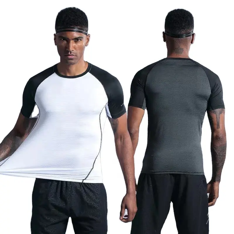 Camiseta fitness para homem, camiseta de cor apertada para academia e corrida, esportes, compressão elástica, atacado