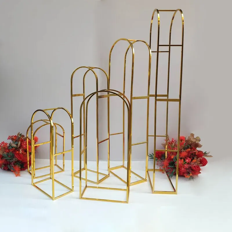 Elegante galvani sierte glänzende Gold Metall Set Bildschirm künstliche Blumen Rahmen Stand Dekoration Hochzeit Blumen Hintergrund Bogen