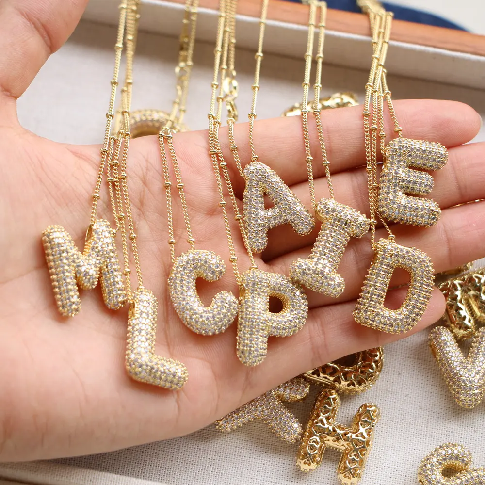 Colar feminino de cobre inglês 26 letras com alfabeto inicial bolha inchada pingente de pingente corrente colar com iniciais joias unissex