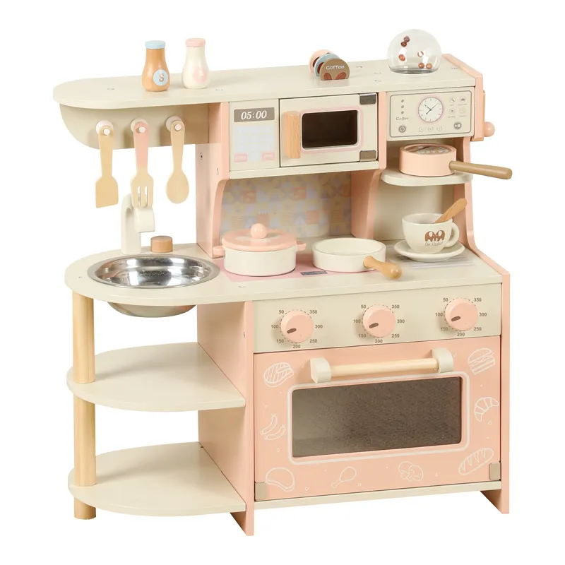 ألعاب المطبخ الخشبية COMMIKI لعب الطبخ ألعاب المطبخ الوردي لعبة آلة القهوة الخشبية أداة المطبخ المنزلية