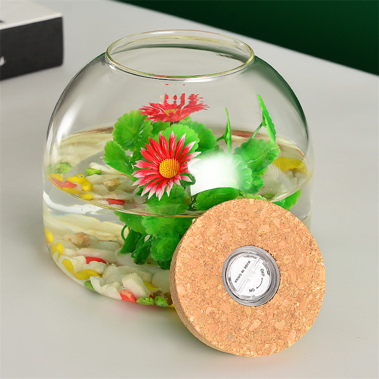 Vaso in vetro trasparente con coperchio in sughero e LED