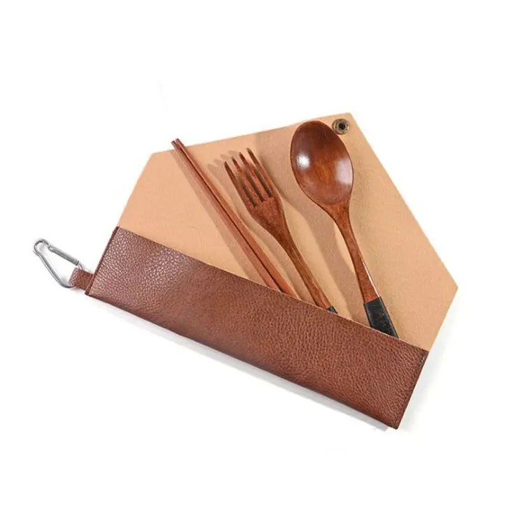 Cuillères naturelles réutilisables de poche fourchettes et couteaux couverts en bois de bambou kit de voyage ustensiles de cuisine vente en gros