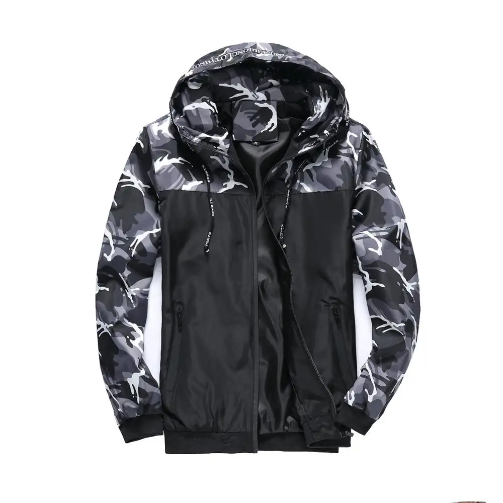 Jaqueta camo corta-vento unissex, casaco esportivo de nylon para homens e mulheres, com capuz, para primavera e outono