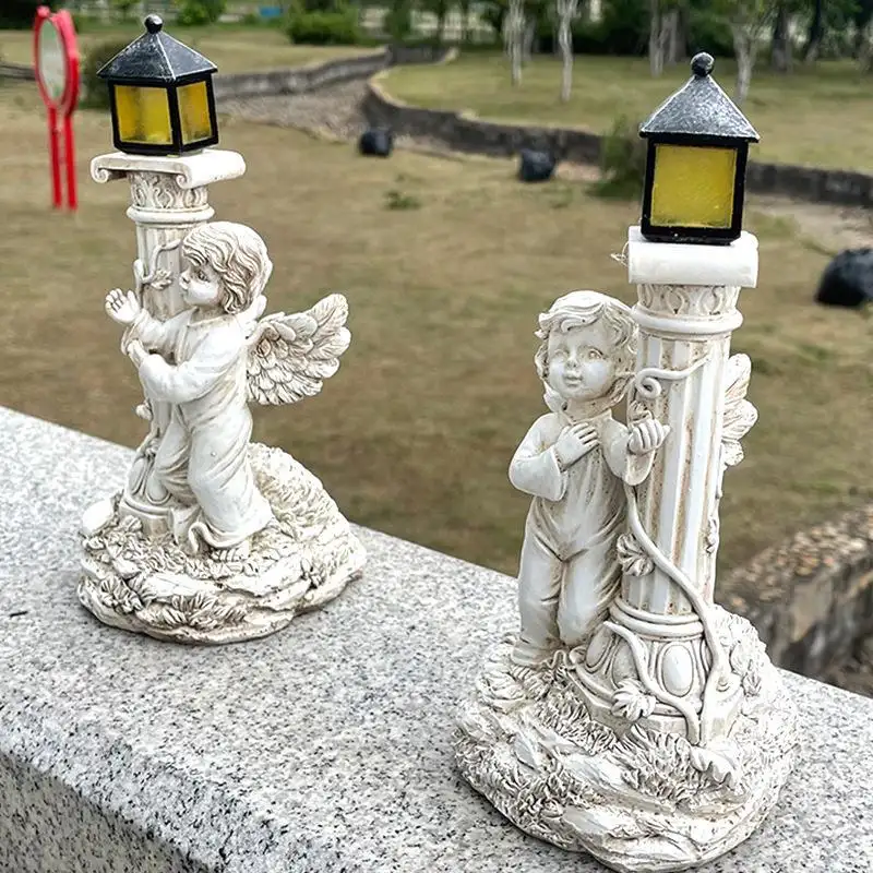European Solar Roman Pillar Angel Light Ornament Resin Crafts Garden Patio Fence Decoration Lawn Lighting