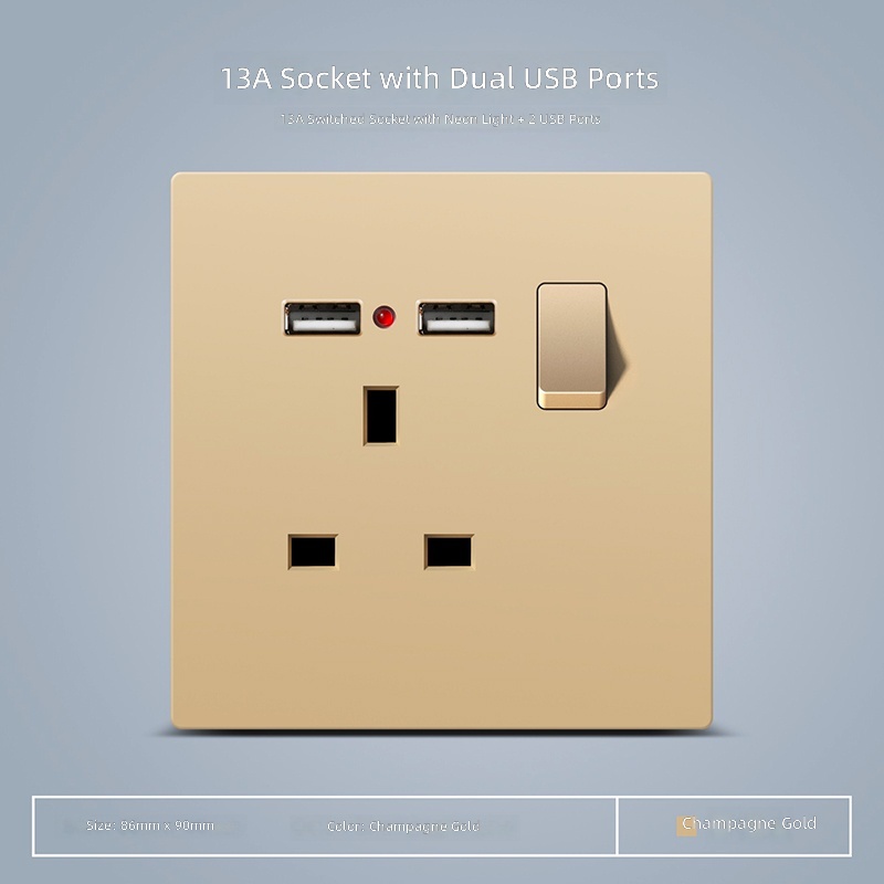 Prise 13A commutée avec néon + 2 USB