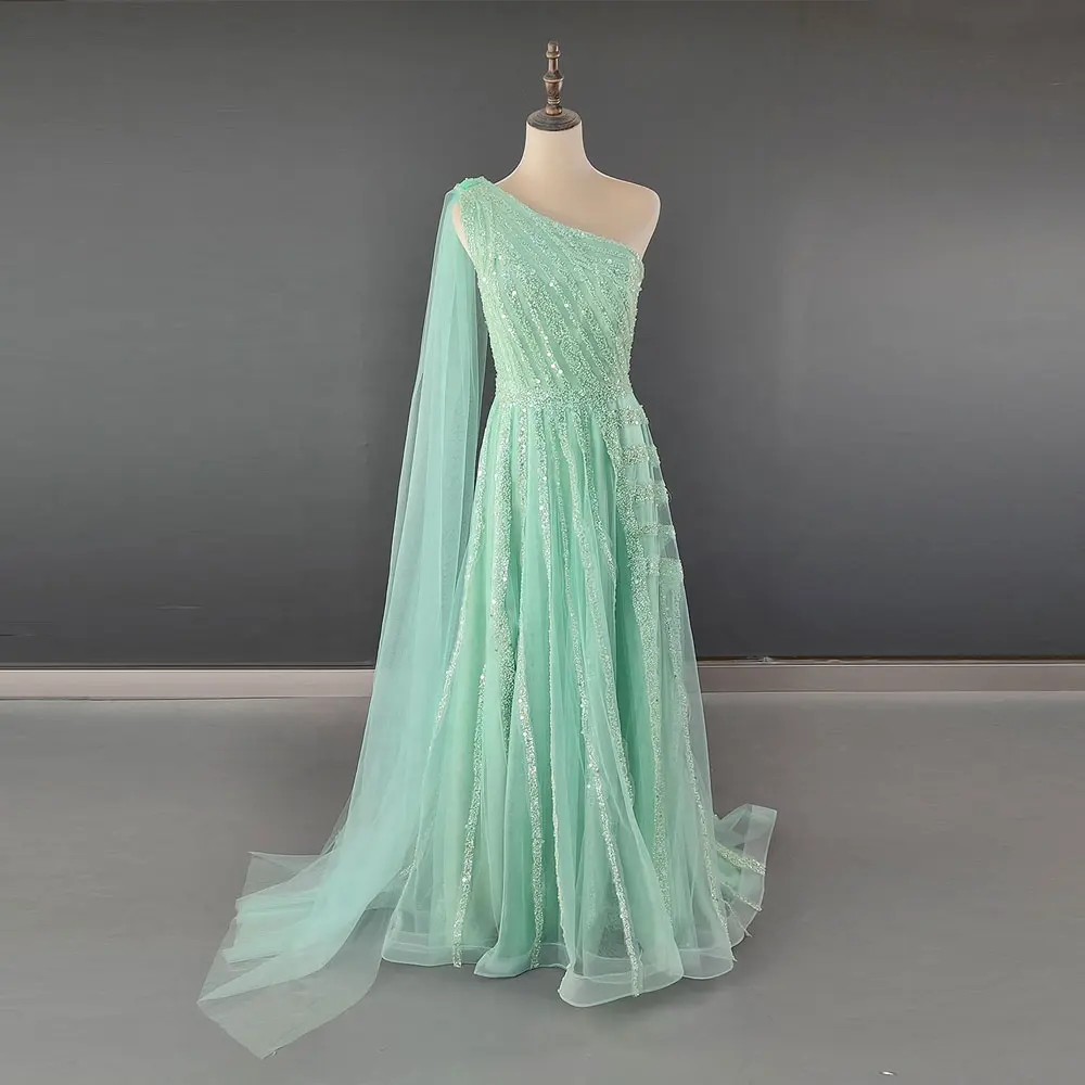 Robe de soirée élégante verte à une épaule perlée et à paillettes Robe de bal longueur au sol Tenue de mode pour femmes Occasion spéciale