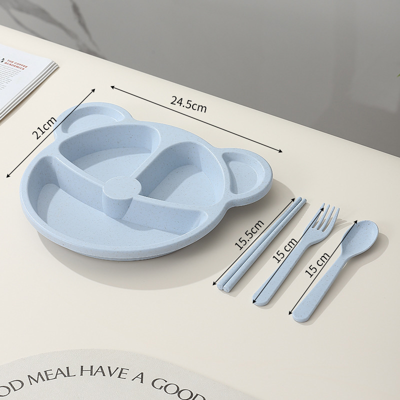 Nordic blue, fork spoon, chopsticks, little bear 3-compartment plate