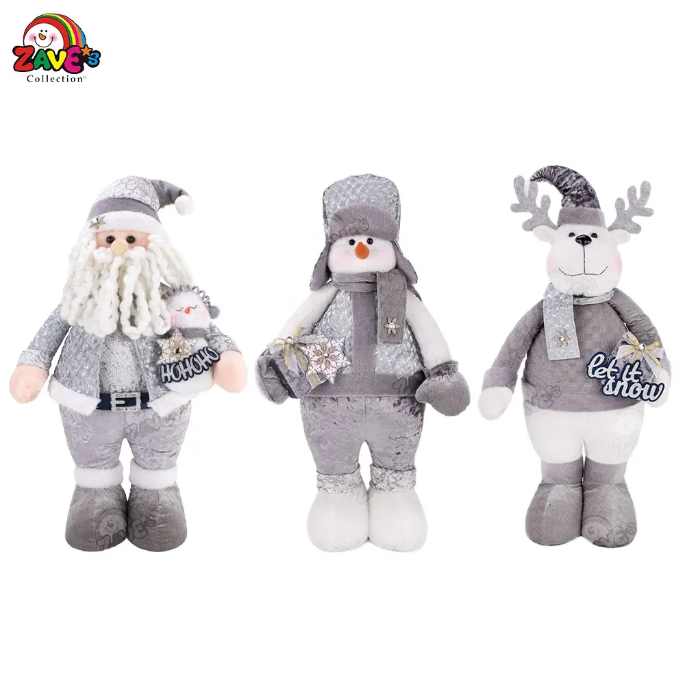 Zaves plata Santa muñeco de nieve Reno trío con copos de nieve 23 "juego de pie de 3 muñecos de peluche de interior suministros de vacaciones