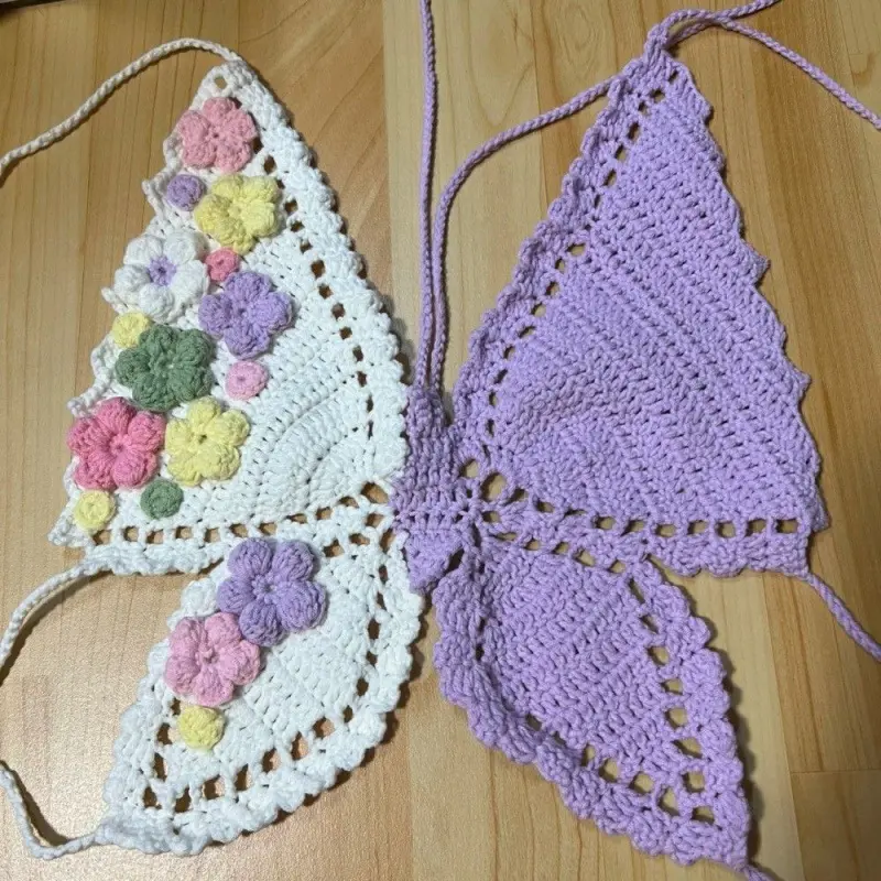 Venta al por mayor 100% algodón hecho a mano ganchillo tejido mariposa con bordado Boho playa tiras Bikini Halter Cami Tank Crop Top chaleco