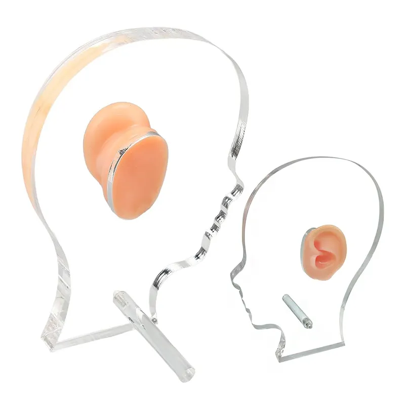 Equipamento de exibição de acrílico para fones de ouvido, modelo de orelha em forma de cabeça, equipamento auditivo com suporte, placa de exibição de aparelhos auditivos