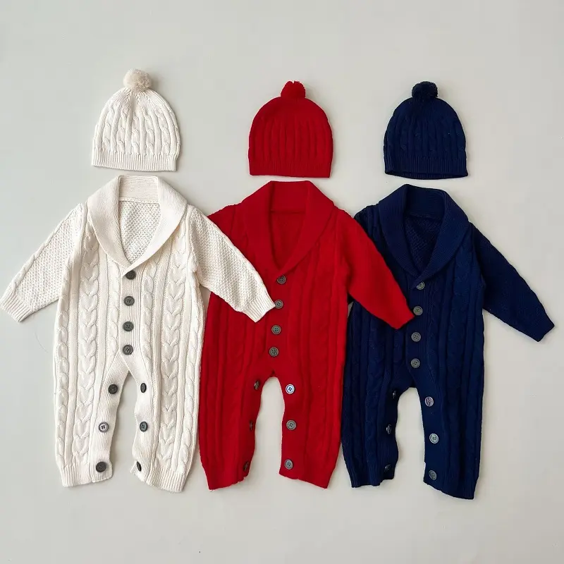 Newborn Babies Clothes Autumn Knitted Lapel Fried Dough Twist Trim Baby Rompers Clothing