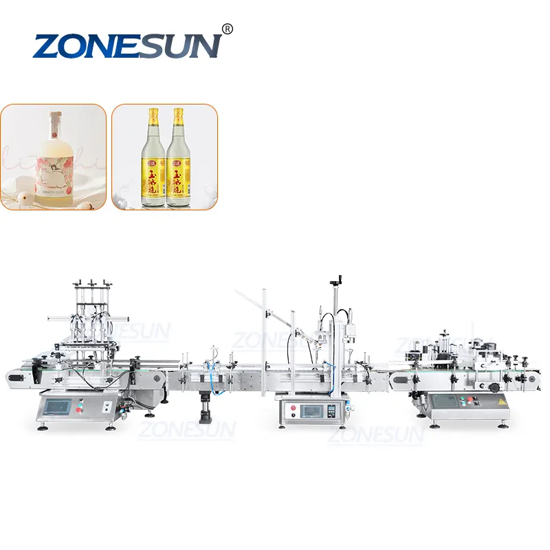 ZONESUN ZS-FAL180D5 Desktop automatico 4 teste pompa a pistone bottiglia di vino liquido riempimento tappatura ed etichettatrice