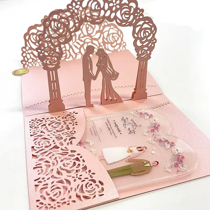 Carta adesiva personalizzata carta regalo carta rosa compleanno natale invito a nozze 3D biglietti di auguri Pop-Up