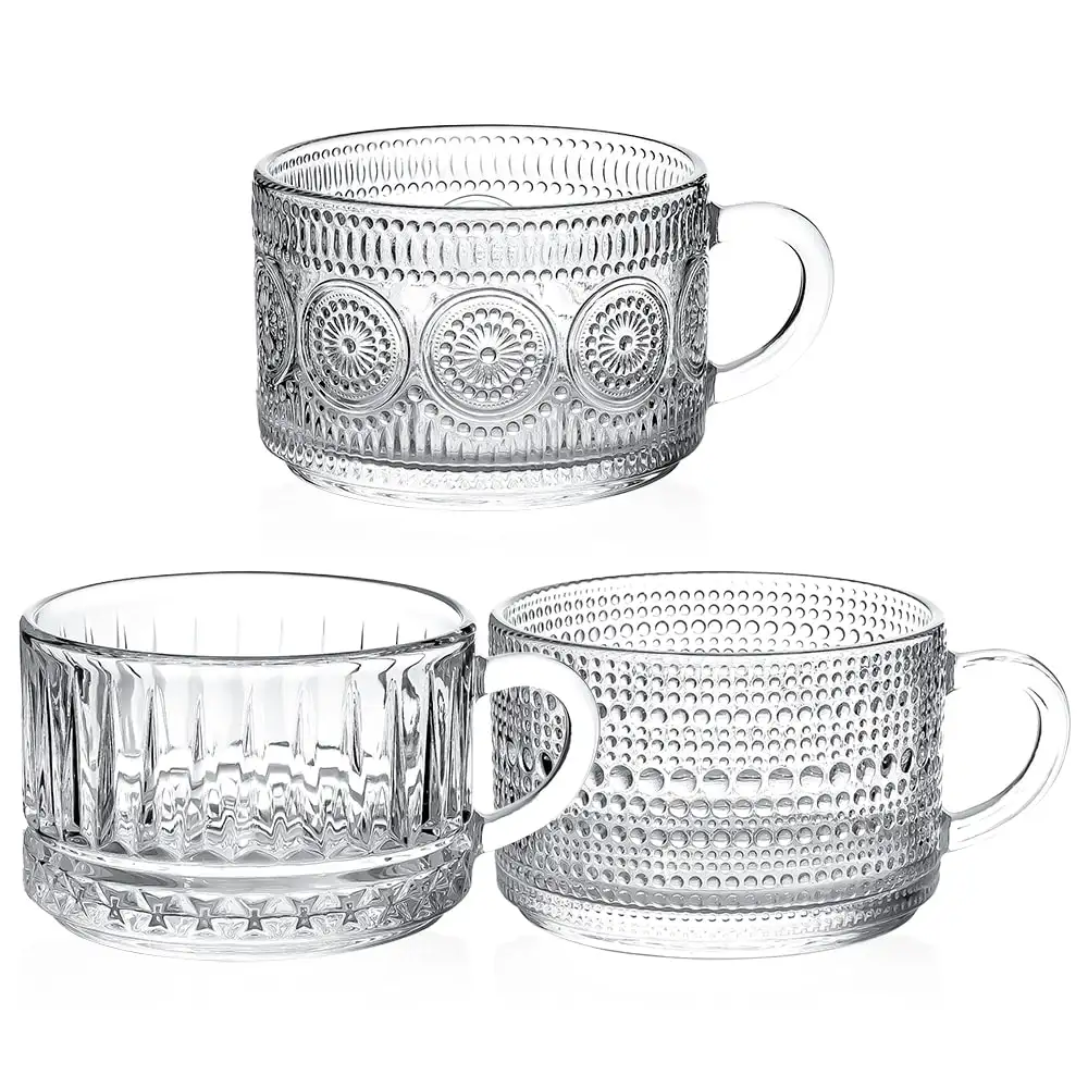 Tasses à café en verre Vintage, tasses de petit déjeuner transparentes avec poignée, tasses en verre gaufré empilables