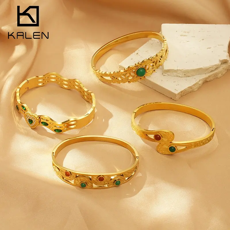 Pulseira Kalen de Zircão Verde 18 K ouro aço inoxidável coração strass pulseira para mulheres joias