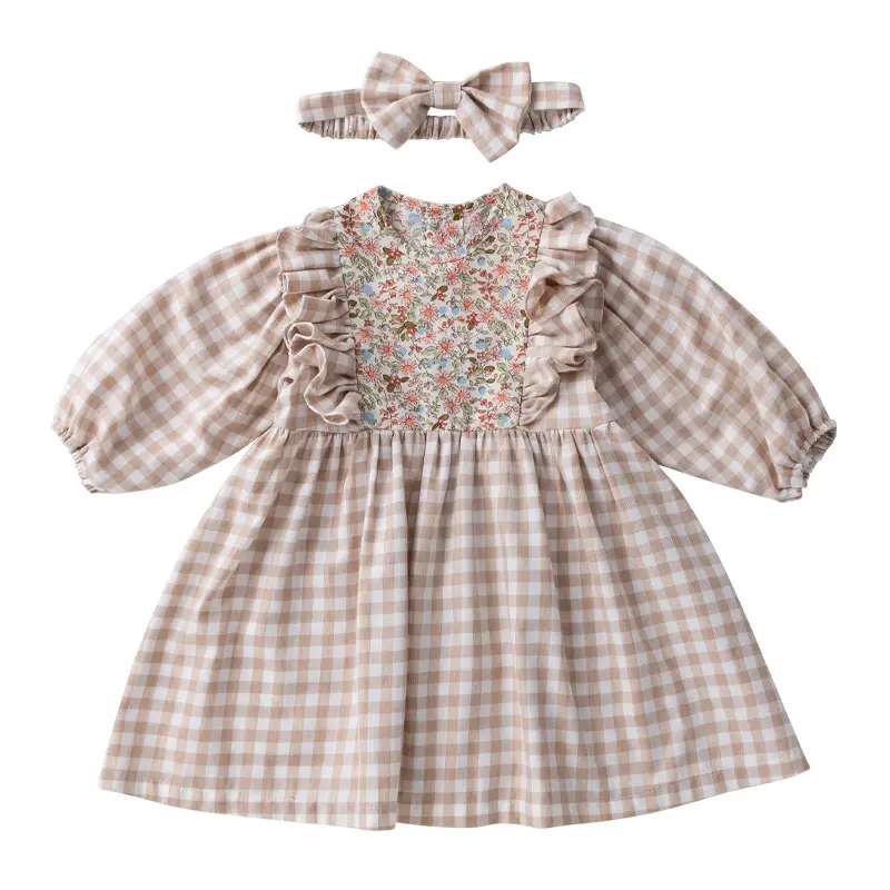 Ekose bebek kız bebek giysileri elbise uzun kollu Ruffles çiçek baskı rahat pamuklu kız elbise